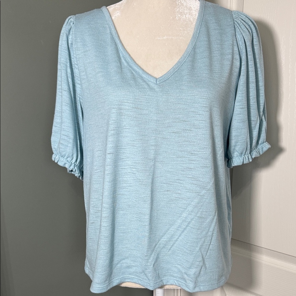 LC Lauren Conrad Light Blue Puff Sleeve V-Neck Top Large Soft Knit Blouse
